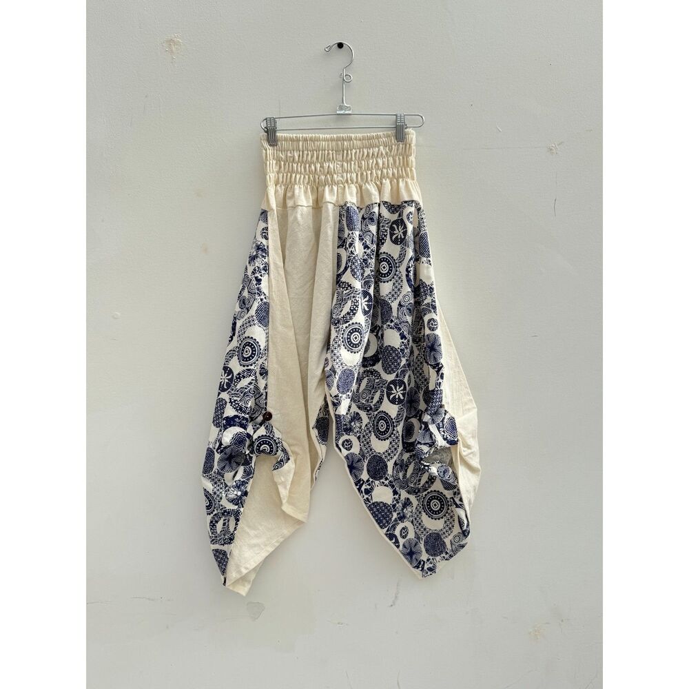 Thai Cotton Harem Pants Blue White Patchwork Balloon Drop Crotch